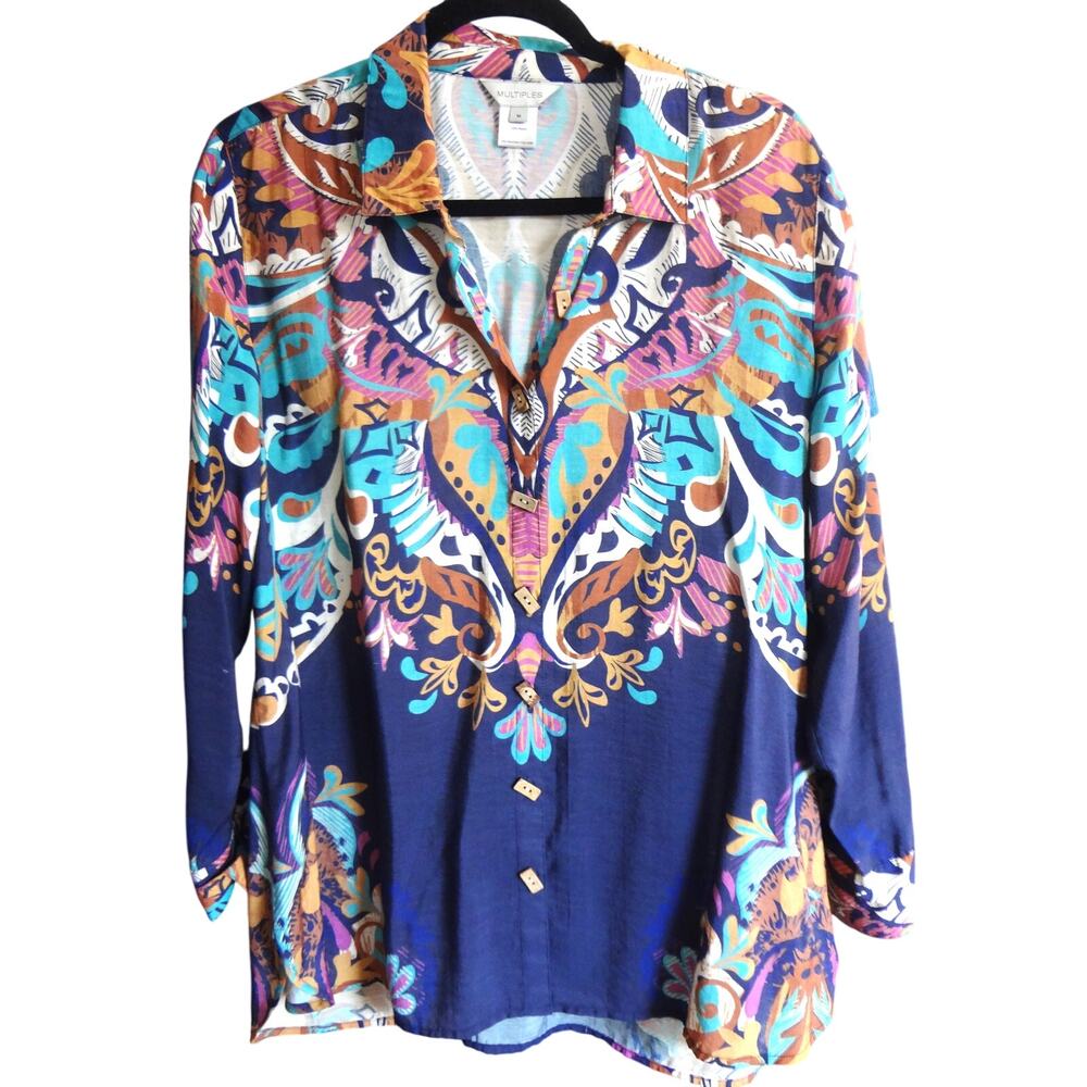 MULTIPLES Wood Button Down Tunic Blouse Paisley Multicolor Flowy Summer Medium